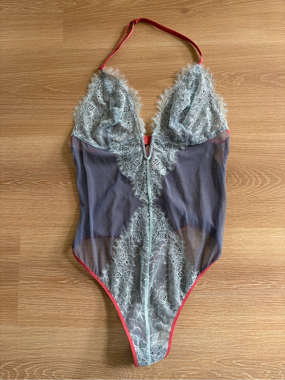 Victoria's Secret Sheer Lace Bodysuit in Pale Blue with Pink Trim